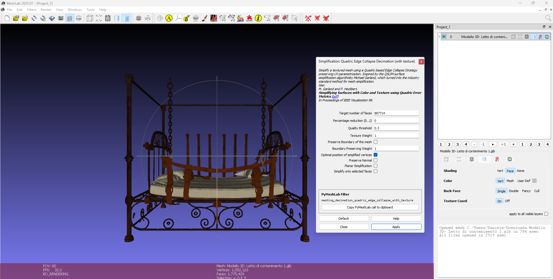 MeshLab — Quadric Edge Collapse Decimation con texture applicata al letto di contenimento
