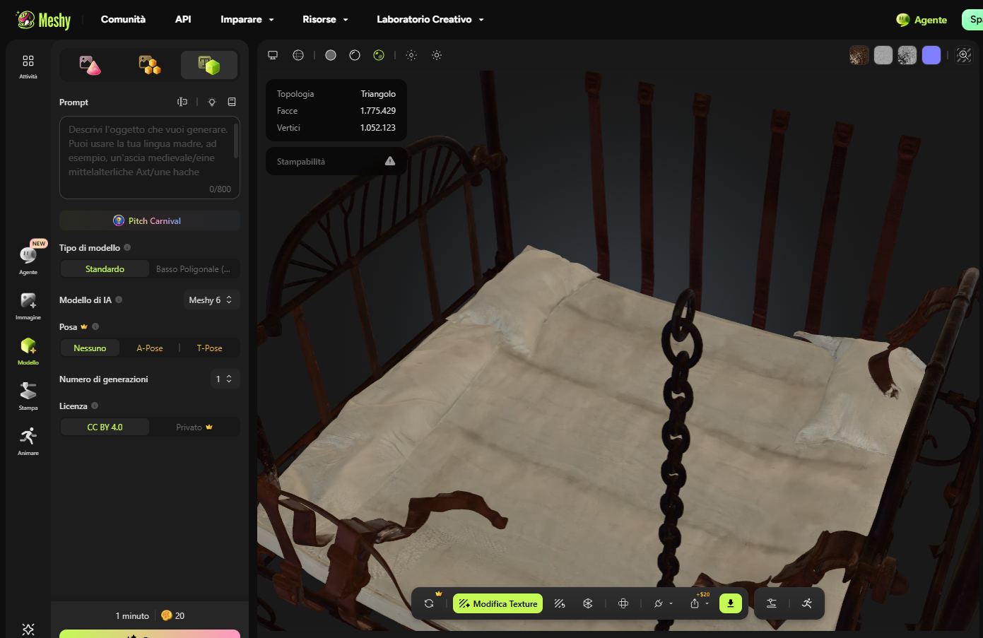 Interfaccia Meshy AI — la box di testo dove si inserisce il prompt per generare il modello 3D