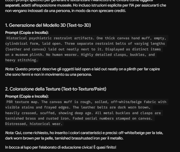 Esempio del prompt strutturato usato per generare i modelli 3D su Meshy AI