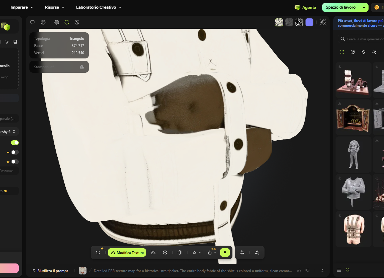 Modello 3D generato su Meshy AI — il camice di forza con texture
